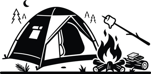 Camping tent with campfire roasting marshmallow and s'mores in the forest at night © Elizabeth