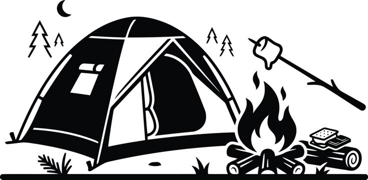 Camping tent with campfire roasting marshmallow and s'mores in the forest at night