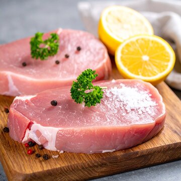 Schweineschnitzel roh mit Zitrone und Petersilie