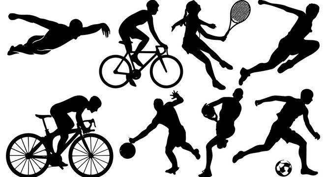 Dynamic Sports Silhouettes Collection: Swimmer, Cyclist, Tennis Player, Runner, Basketball Player, Rugby Player, Soccer Player, Action Figures, Athletic Poses, Vector Art