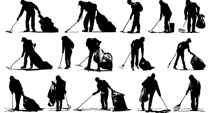 Silhouette Collection of Sanitation Workers Sweeping and Collecting Trash, Vector Icons for Cleaning Services and Environmental Hygiene