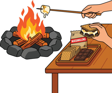 Person roasting marshmallows over a campfire to make delicious s'mores on a wooden table
