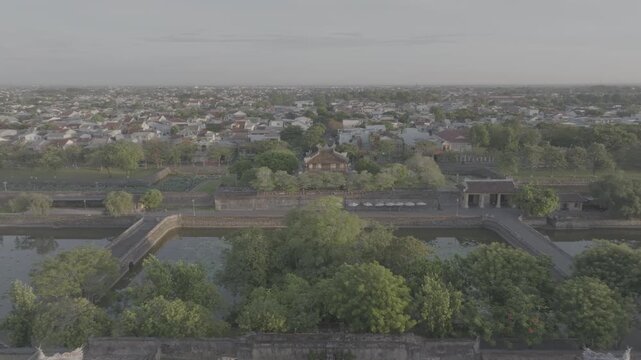 Aerial drone footage of the Imperial City of Hue, Vietnam, featuring Ngo Mon Gate, Thai Hoa Palace, and Kien Trung Palace. A UNESCO World Heritage Site - D log mode