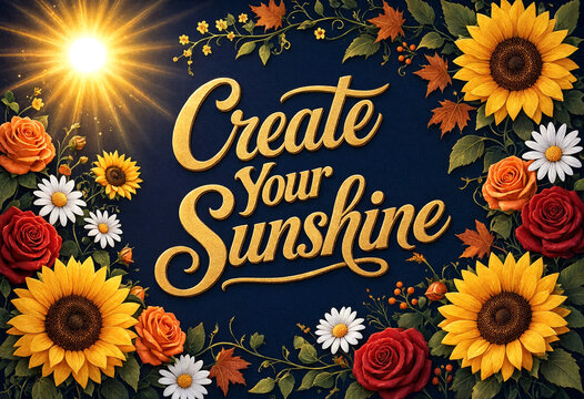 Create your sunshine motivational quote surrounded by vibrant flowers and sunflowers design
