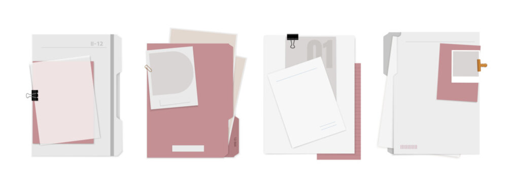 A set of illustrations featuring office document folders in pastel pink and gray tones. Vector templates isolated on a white background.