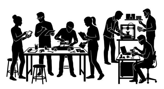 Diverse Team Collaborating on Innovation, Engineering, and Design Projects, 3D Printing and Robotics Workshop Scene, Silhouette Group Working Together