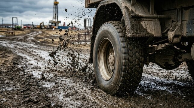 A muddy dump truck spins its wheels as dirt splashes across the ground.