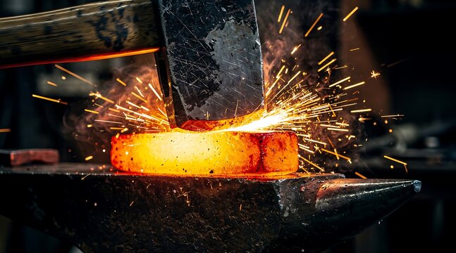 Blacksmith forging glowing hot metal on an anvil in a workshop.