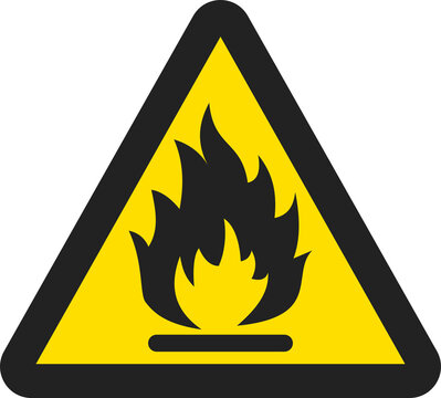 Flammable material warning sign icon featuring a black fire flame symbol on a yellow triangle background for industrial safety and hazard prevention graphic design illustration