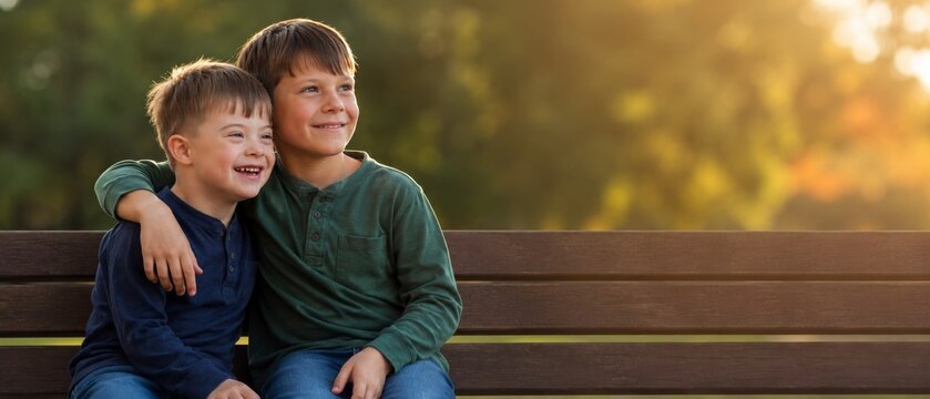 Happy brothers with down syndrome and older sibling embracing on a park bench during banner format
