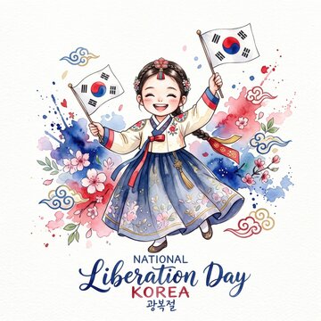 Watercolor Illustration of Korean Girl in Hanbok Waving Taegeukgi for Gwangbokjeol