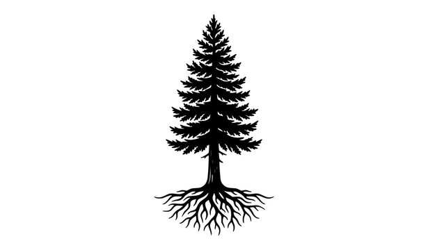 Black Pine Tree Silhouette with Exposed Roots Vector Illustration