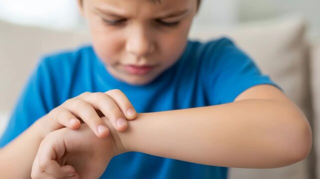 Little boy intently examines irritated red spot on his arm, possibly a mosquito or insect bite, showing discomfort and need for skin care.