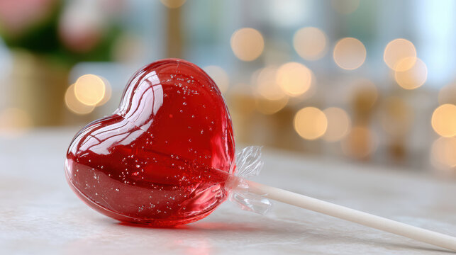 Red heart shaped lollipop close up on white surface with glossy wrapper and bokeh lights for valentine sweets display and party favor product imagery