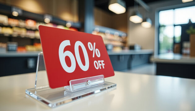 Bold 60 percent off tabletop display sign on countertop promoting clearance discount and point of sale offer for seasonal retail sale, pricing strategy and in-store marketing campaign