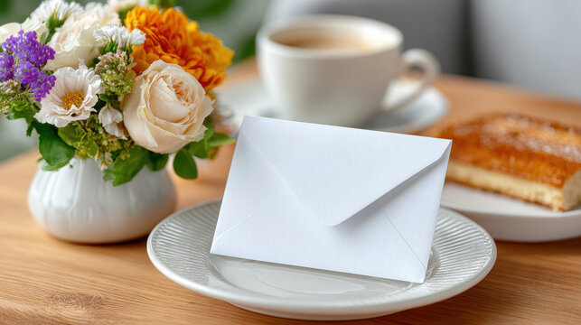 Wedding rsvp envelope mockup styled on a breakfast plate with fresh floral bouquet, coffee cup and pastry for invitation presentation, stationery sample display and event planning mood imagery