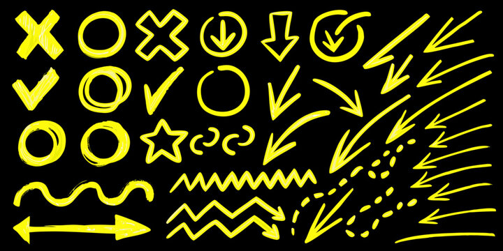 Hand sketched Yellow Symbols And Arrows On Black Background
