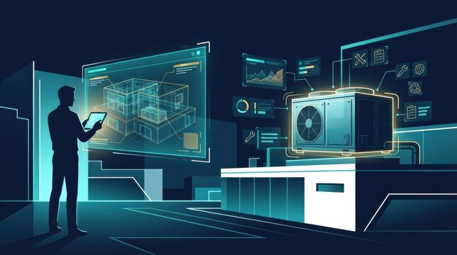 A manager interacts with digital displays showing 3D models and data related to building information modeling in a construction site.