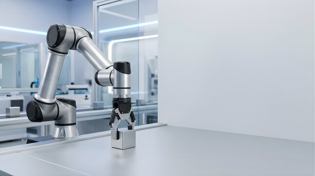 Robotic arm picking up a metal cube on a factory floor in a modern lab