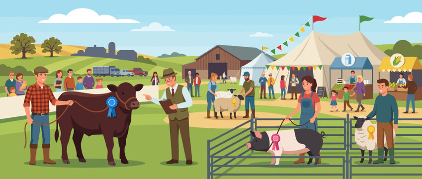 County fair agricultural livestock exhibition with farmers and prize winning animals.