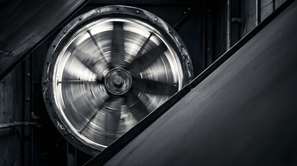 Obraz premium Spinning industrial ventilation fan inside a dark metallic factory wall