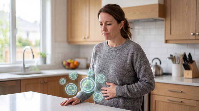 a microscopic visualization of Cyclospora cayetanensis parasites rendered in 3D glowing graphics, softly overlaid in front of an adult woman holding her stomach in mild discomfort in a bright, modern 