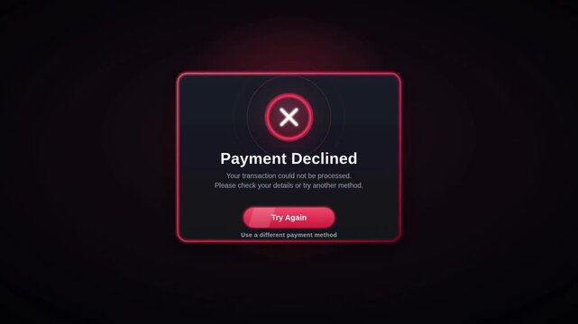 Payment declined error notification with red warning icon and transaction retry option