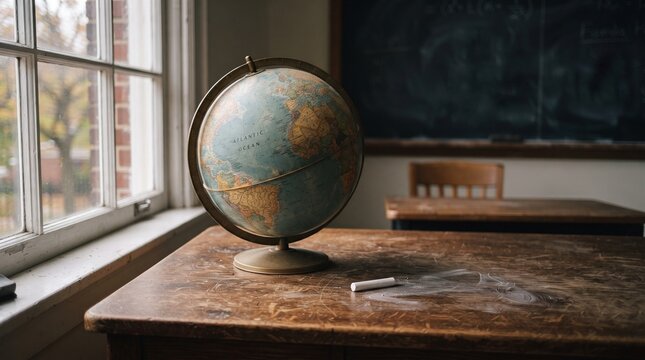Globe sitting on wooden desk in classroom with chalkboard behind for Day of Knowledge