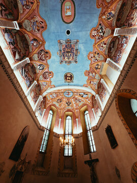 Ornate Baroque ceiling with colorful frescoes and coats of arms inside Ljubljana Cathedral, one of the city&rsquo;s most remarkable religious landmarks.