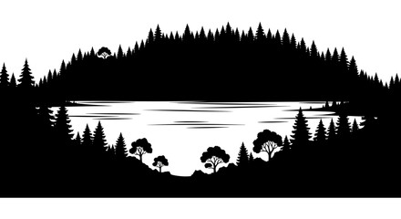 Forest And Lake Landscape Silhouette Against White Background © Sakib