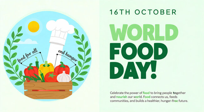 World Food Day 16 october  banner with fresh vegetables crate chef hat and food awareness design