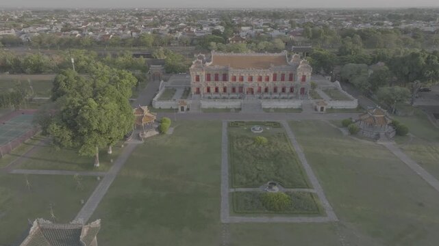 Aerial drone footage of the Imperial City of Hue, Vietnam, featuring Ngo Mon Gate, Thai Hoa Palace, and Kien Trung Palace. A UNESCO World Heritage Site - D log mode