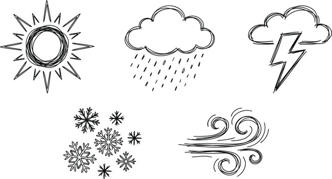 Hand-Drawn Weather Icon Set Featuring Sun, Cloud, Rain, Snow, Wind, and Lightning Symbols
