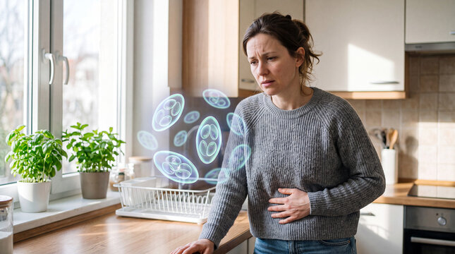 3D microscopic visualization of Cyclospora cayetanensis parasites glowing over a woman experiencing stomach discomfort in a bright kitchen. Medical concept of intestinal infection, parasite research, 