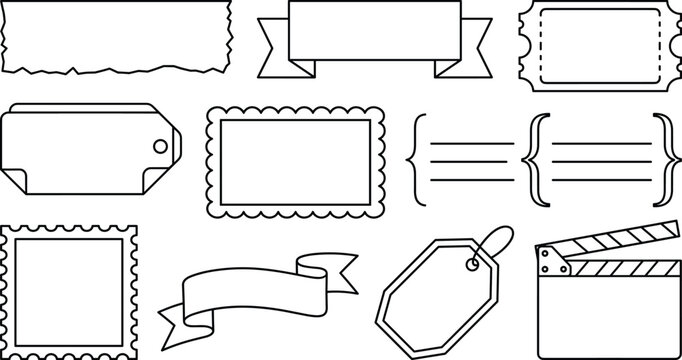 Label, Tag, and Frame Outline Vector Set Featuring Decorative Borders, Ribbons, and Ticket Designs