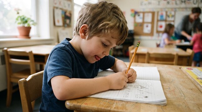 Young boy studying and writing in notebook at classroom desk for Day of Knowledge