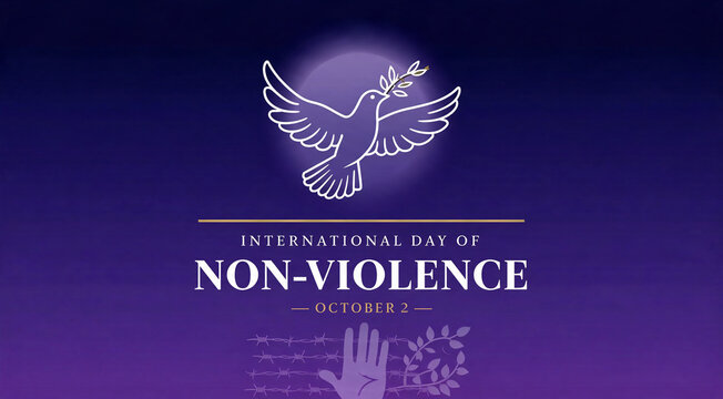 International Day of Non-Violence October 2 peace dove with olive branch on dark purple background