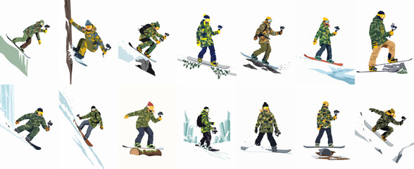 Collection of illustrations featuring snowboarders in camouflage gear filming their winter action sports with handheld gimbals and cameras against a white background. © Enem