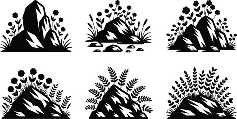 Rock and Wildflower Nature Elements Silhouette Vector © Ahamedpicu