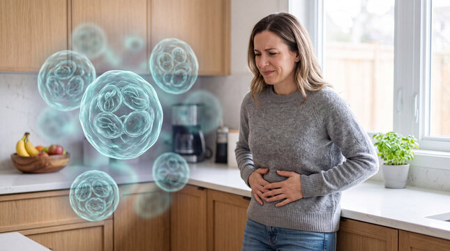 Medical 3D render of Cyclospora cayetanensis parasites with glowing microscopic effects layered over a woman holding her abdomen in discomfort. Concept of foodborne illness, gastrointestinal health, a
