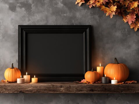Autumnal Halloween mantel with pumpkins and candles