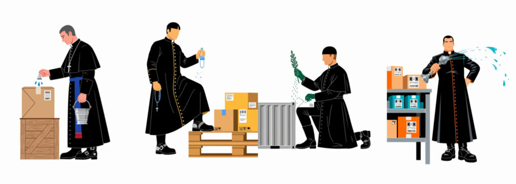 Illustrations of a Catholic priest performing religious rituals and blessings on shipping boxes, crates, and logistics equipment in a warehouse setting.