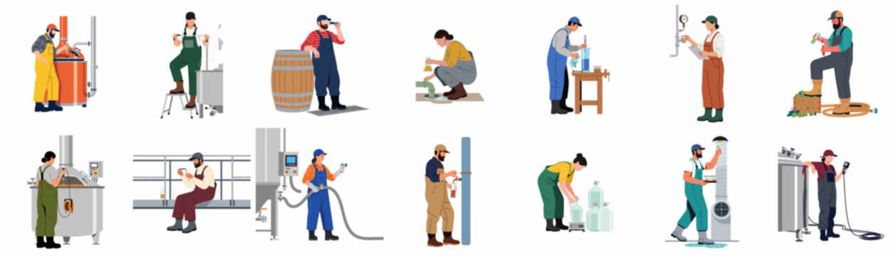 Diverse brewery and distillery workers set performing quality control and production tasks in a flat illustration style isolated on white background.