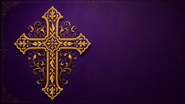 An ornate, golden filigree cross centered on a rich purple background, featuring intricate floral patterns and elegant borders, suitable for religious ceremonies or easter themes