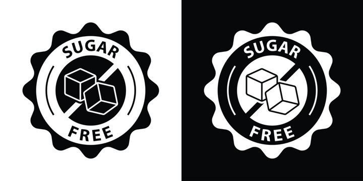 Scalloped edge sugar free badge featuring an outlined sugar cube with a prohibition slash mark, ideal for health-conscious food product labeling.