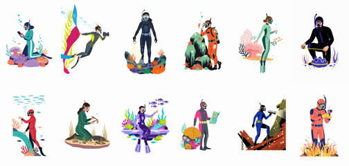 Set of various underwater scuba diving activities and marine life explorations in flat vector illustration style. © Telu