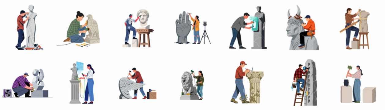 Diverse set of sculptors and restorers working on various stone statues and monuments using traditional and modern tools in a flat illustration style.