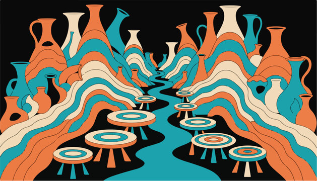 Abstract illustration featuring stylized pottery vessels and flowing river landscape in retro color palette.
