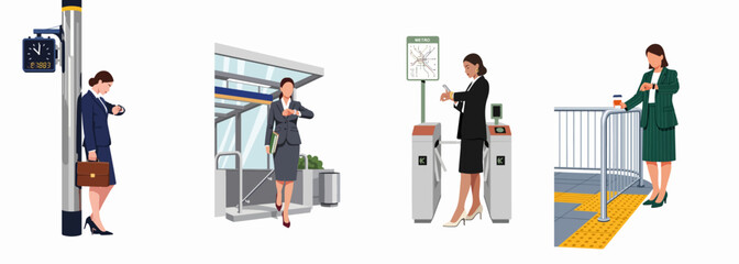 Set of illustrations depicting businesswomen checking their watches in urban transport settings, highlighting themes of time management and busy city life. © Enem