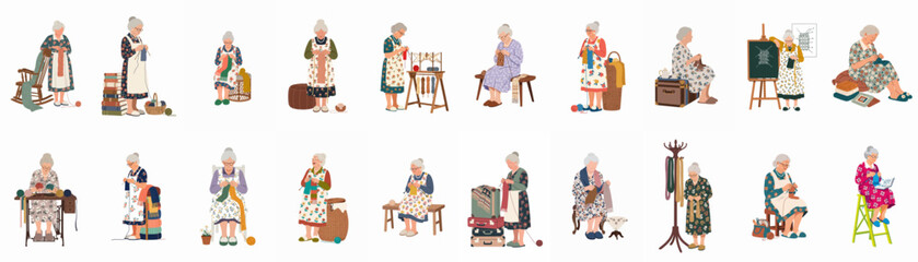 Set of elderly women knitting, sewing, and crafting, flat vector illustrations on white background
